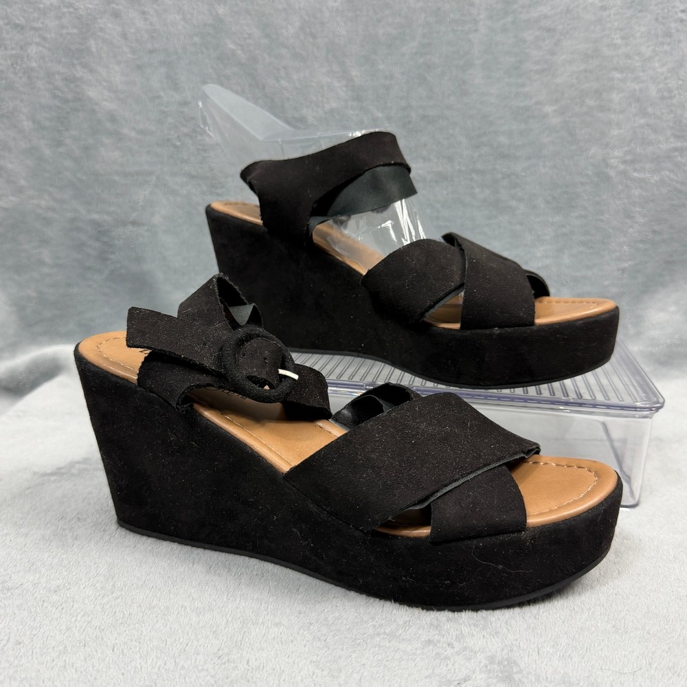 American Eagle Womens 8 Black Wedge Sandal Platform Faux Suede Y2K Boho 182892